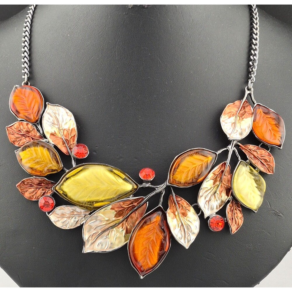 Chunky Fall Colors Glass Leaf Leaves Orange Yellow Statement Bib 19" Necklace